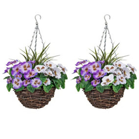 GreenBrokers 2 x Artificial Purple & White Pansy Rattan Hanging Baskets (52cm/20in)