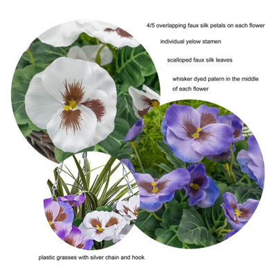 GreenBrokers 2 Cesti Appesi In Rattan Con Viole Del Pensiero Gialle E Bianche - Fiori Finti In Seta - 52 Cm - 2