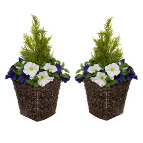 GreenBrokers 2 x Artificial Purple & White Petunias Rattan Patio Planters