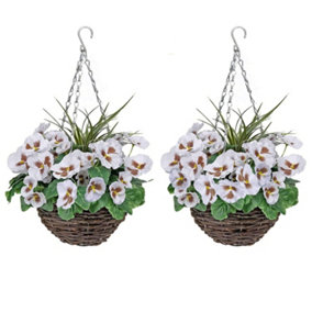 GreenBrokers 2 x Artificial White Pansy Rattan Hanging Baskets (52cm/20in)