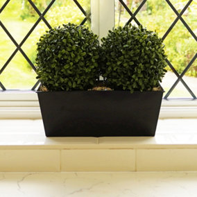 GreenBrokers Artificial Double Ball Boxwood in Slanted Black Tin Window Box 35cm/14in