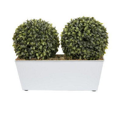 GreenBrokers Artificial Double Ball Boxwood in White Tin Window Box 35cm/14in
