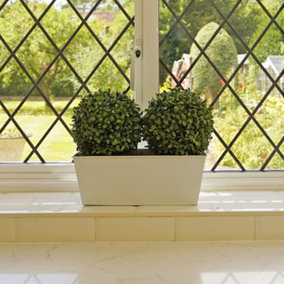 GreenBrokers Artificial Double Ball Boxwood in White Tin Window Box 35cm/14in