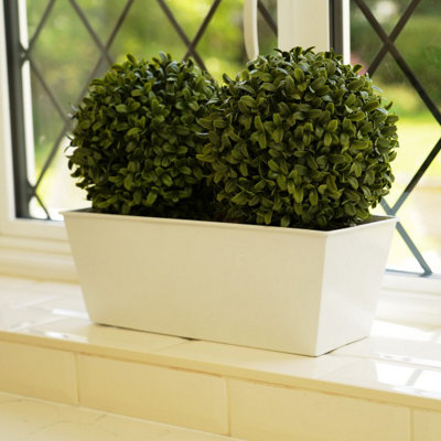 GreenBrokers Artificial Double Ball Boxwood in White Tin Window Box 35cm/14in - 3
