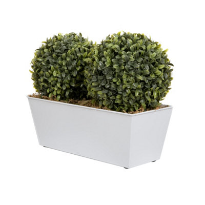 GreenBrokers Artificial Double Ball Boxwood in White Tin Window Box 35cm/14in - 4