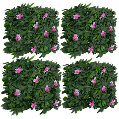 GreenBrokers Artificial Green Plant Wall Hedge with Green Leaf Foliage & Purple Flowers-UV Stable (Pack of 4) (1m x 1m)