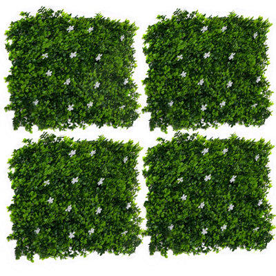 GreenBrokers Artificial Green Plant Wall Hedge with Green Leaf Foliage & White Flowers-UV Stable (Pack of 4) (1m x 1m)