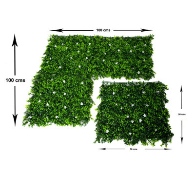 GreenBrokers Artificial Green Plant Wall Hedge with Green Leaf Foliage & White Flowers-UV Stable (Pack of 4) (1m x 1m)
