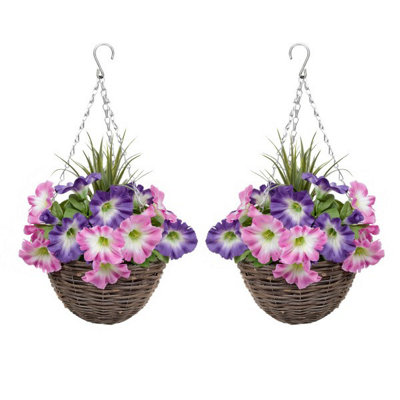 GreenBrokers Hanging Baskets 2X Artificial Round Rattan Pink & Purple Petunias and Decorative Grasses (Set of 2)