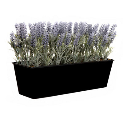 Artificial Lavender Tin Black Planter Window Box 30cm/12in - GB1214