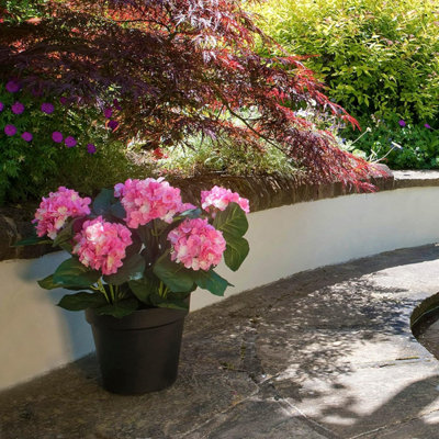 GreenBrokers Premium Quality Artificial Pink Hydrangea Flower Bush In Black Pot 50cm With Nine Flower Clusters~5060738848645 03c Mp