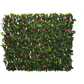 GreenBrokers Trellis Artificial Expanding Willow Fence with Green Leaf Foliage & Red Flowers-UV Stable (1m x 2m)