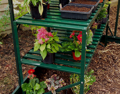 A metal greenhouse shelving unit with a variety of plants in pots sat on top.