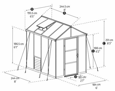 Greenhouse Glory 6 x 8 - Polycarbonate - L244.5 x W195.5 x H251 cm - Grey - 5
