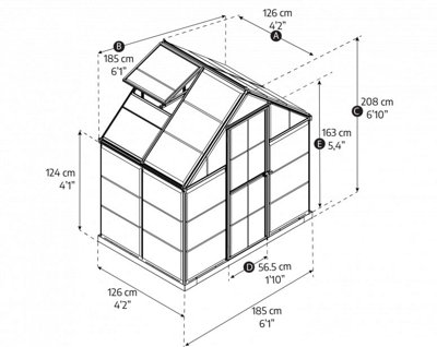 Greenhouse Hybrid 6 x 4 - Polycarbonate - L126 x W185 x H208 cm - Silver - 6