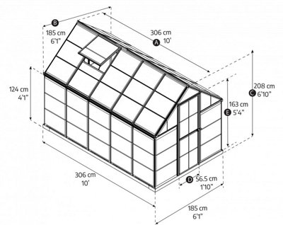 Greenhouse Hybrid 6X10- Polycarbonate - L306 x W185 x H208 - Silver - 6