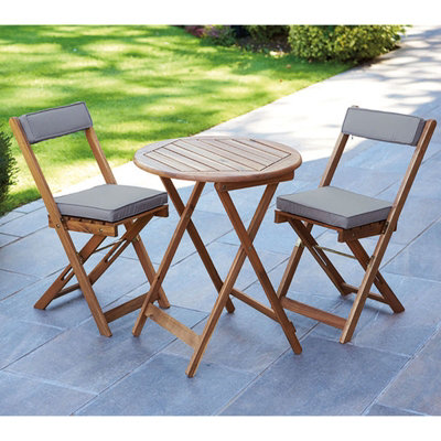 Greenhurst Wooden Bistro Set Folding Table and Chairs with Grey Cushions Natural