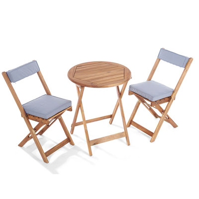 Greenhurst Wooden Bistro Set Folding Table and Chairs with Grey Cushions Natural
