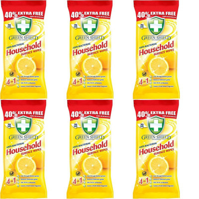 GreenShield 70 Large Antibacterial Household Surface Cleaning Wipes (Yellow Packs) (Pack of 6)