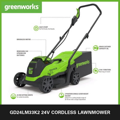 Greenworks Tools 24V 33cm (13") Lawnmower includes 2Ah battery & 2Ah charger