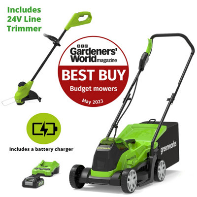 Greenworks Tools 24V 33cm Cordless Lawnmower 25cm Line Trimmer With 2ah Battery Charger GD24LM33LT25K2 DIY at B Q