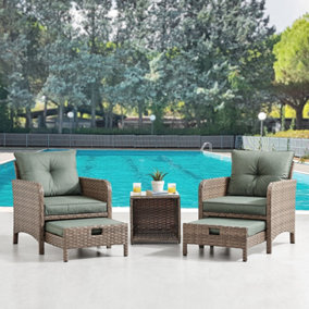 Grenada Garden Armchair 5 piece Brown Rattan Set with Side Table & Ottoman Hide Away Footstools Green Cushions