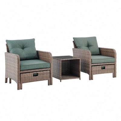 Grenada Garden Armchair 5 piece Brown Rattan Set with Side Table & Ottoman Hide Away Footstools Green Cushions