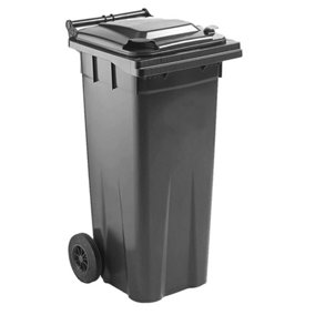 Grey 140L Compact Sized Waste Recycling Wheelie Bins With Strong Rubber Wheels & Lid