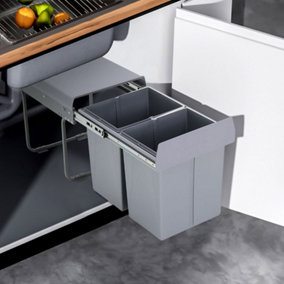Grey 2 x 20L Integrated Kitchen Pull-out Double Waste Bin Recycling Bin for Cabinet