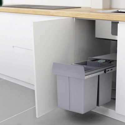 Grey 2 x 20L Rectangular Integrated Kitchen Pull Out Bin Waste and Recycling Bin for Cabinet Under Counter Storage