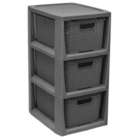Grey 3 Drawer Stylish Rattan Effect Storage Tower Commode Baskets For Home & Office