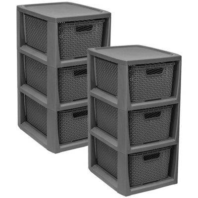 Grey 3 Drawer Stylish Rattan Effect Storage Tower Commode Baskets For Home & Office - 3