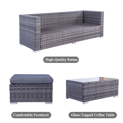 Grey 3-Piece Corner Sofa Garden Rattan Set - 3
