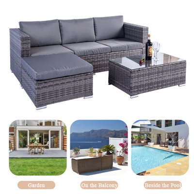 Grey 3-Piece Corner Sofa Garden Rattan Set - 4