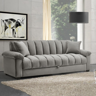 Grey 3 Seat Sofa Bed Velvet Upholstered Couch Sofabed Convertible Sleeper