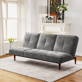 Grey 3 Seater Faux Suede Sofa Bed Convertible Chaise Lounge Couch with Wood Legs