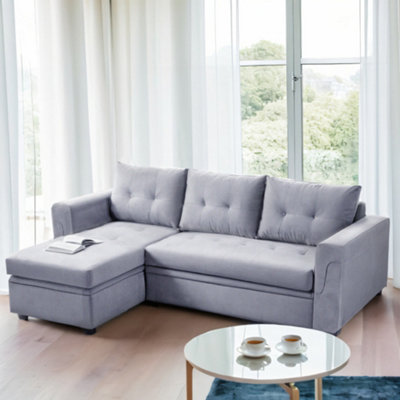 Grey 3-Seater Upholstered Corner Sofa Bed with Storage