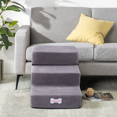 Grey 3-step Upholstered Pet Stairs with Detachable Cover, 30cm(W) x ...