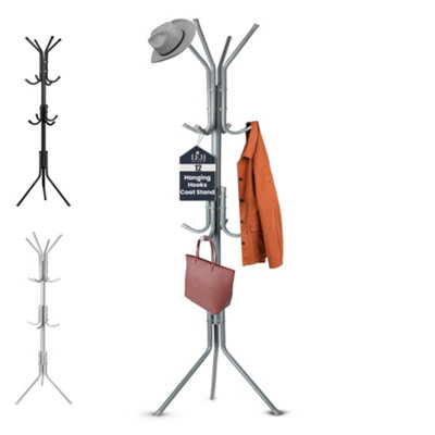 Grey -  3 Tier Coat / Clothes Stand With 12 Hooks