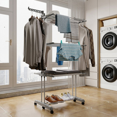 Grey 3-Tier Foldable Clothes Drying Rack with Wheels