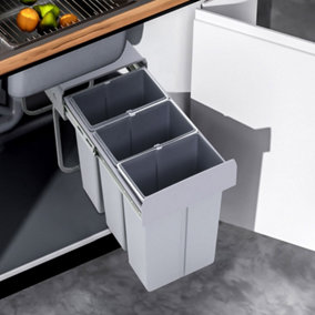 Grey 3 x 10L Rectangular Integrated Kitchen Pull Out Bin Waste and Recycling Bin for Cabinet Under Counter Storage