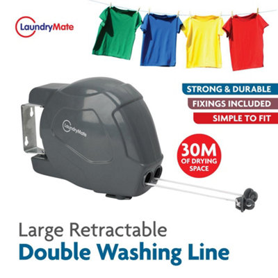 Grey  30m Retractable Clothes Reel Double Washing Line Wall Mounted Outdoor