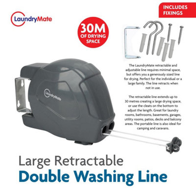 Grey  30m Retractable Clothes Reel Double Washing Line Wall Mounted Outdoor