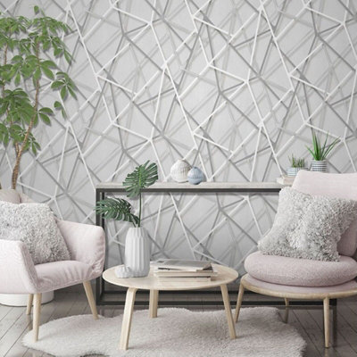 Grey 3DPattern Wallpaper White Silver Shimmer Slight Imperfect Vinyl HeavyWeight