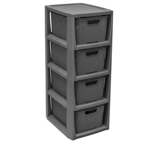 Grey 4 Drawer Stylish Rattan Effect Storage Tower Commode Baskets For Home & Office