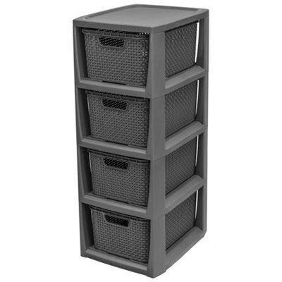 Grey 4 Drawer Stylish Rattan Effect Storage Tower Commode Baskets For Home & Office