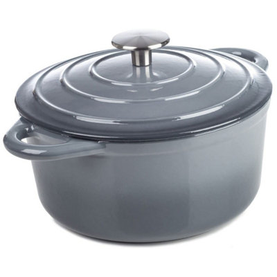 Grey 5.2L Round Cast Iron Casserole Oven Roasting Dish - Induction & Gas Safe Dutch - with Lid