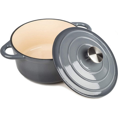 Grey 5.2L Round Cast Iron Casserole Oven Roasting Dish - Induction & Gas Safe Dutch - with Lid