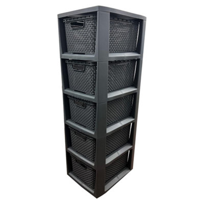 Grey 5 Drawer Stylish Rattan Effect Storage Tower Commode Baskets For Home & Office