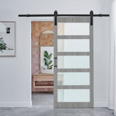 Grey 5 Lites Farmhouse Style Wooden Internal Door Sliding Barn Door with 6ft Hardware Kit
